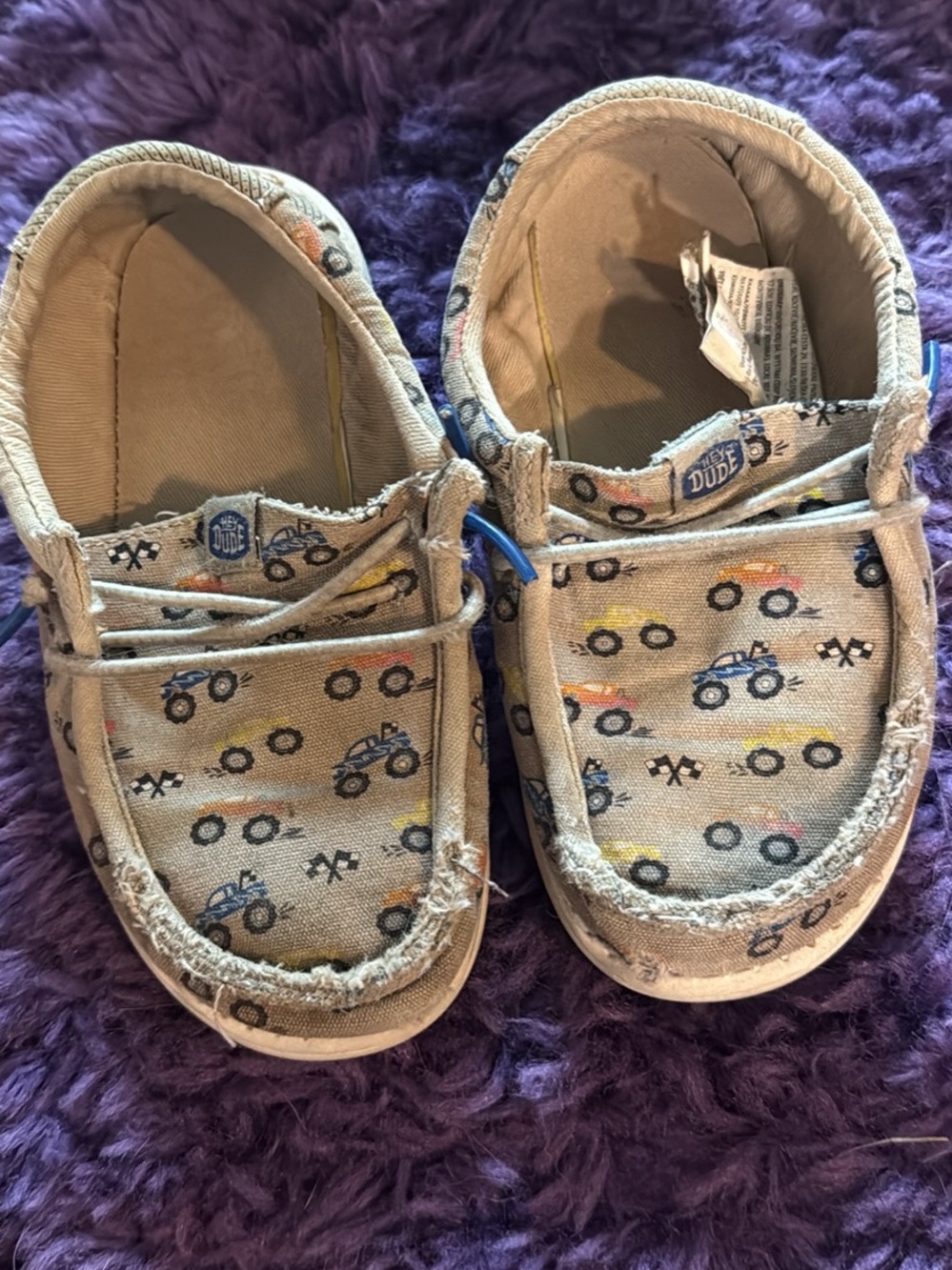 Hey Dude Kids Tan Canvas Slip-On Shoes with Multicolor Car Print